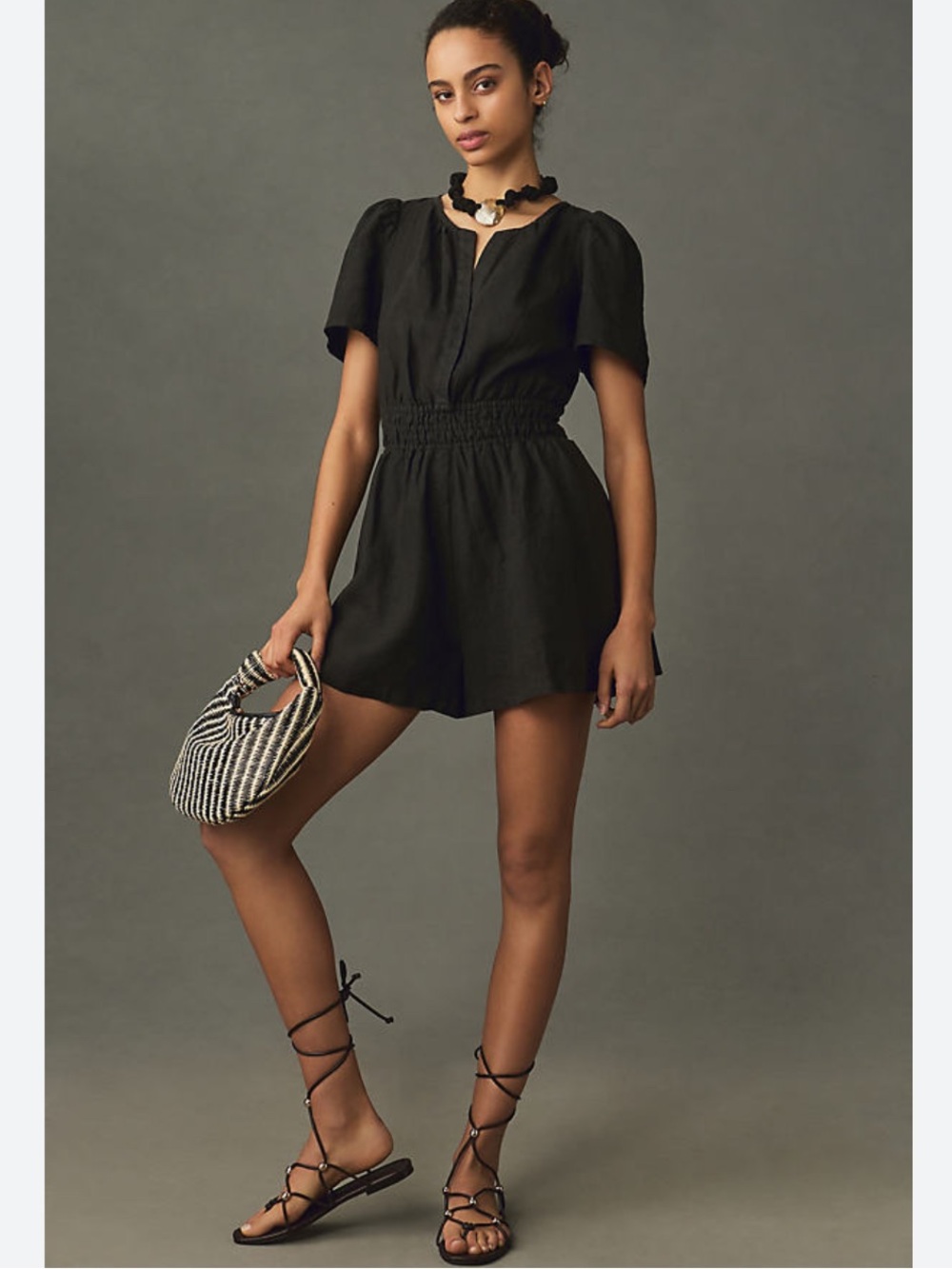 Anthropologie Black Short-Sleeve Smocked-Waist Romper